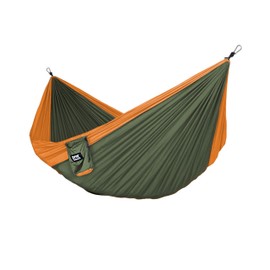 Fox Outfitters Neolite Double Camping Hammock - Lightweight Portable Nylon Parachute Hammock for Backpacking, Travel, Beach, Yard. Hammock Straps & Steel Carabiners Included (Orange/Olive Green)