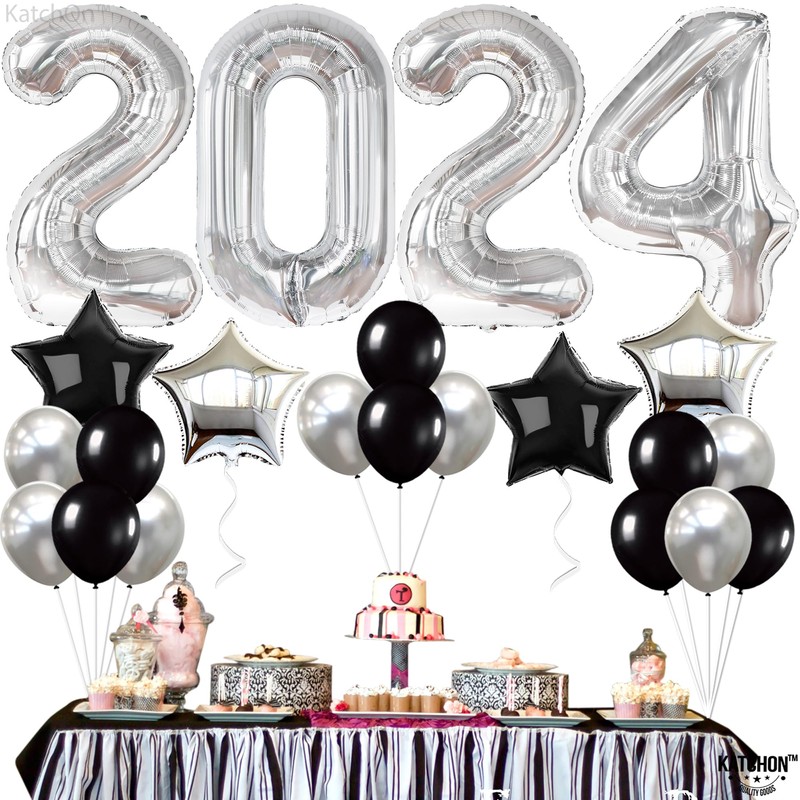 Silver 2024 and Star, Black and Confetti Balloons