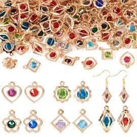 Cheriswelry 100Pcs Light Gold Plated Rhinestone Iron Charms Crystal Heart Flower Rhombus Round Pendants 5 Styles 15-19mm for DIY Crafts Necklace Earring Jewelry Making, Rhinestone