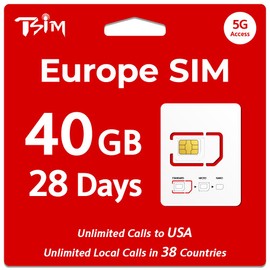 TSIM Europe SIM Card with USA Coverage | 40GB Data + Unlimited Local Calls in 38 Countries for 28 Days | Unlimited Calls to USA | Pre-Travel Testing | 28 Days Validity