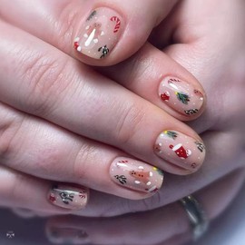 Christmas Press on Nails Square Short Fake Nails Pink False Nails with Christmas Tree Designs Full Cover Stick on Nails Acrylic Xmas Winter Artificial Nail Sock Crutches Glue on Nails for Women 24Pcs