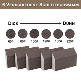 Delaga Pack of 6 Sanding Sponges Wood, Sandpaper 60/80/100/120/180/220 Grit, Sanding Block Washable Reusable for Polishing Various Metal Materials, Drywall, Wood