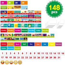 SpriteGru Calendar and Weather Pocket Chart with 148 Cards,(108 Illustrated Activity Cards, 40 Dry Erasable Flash Cards and 3 Hooks 28"x35.5"),Alphabets, Blue