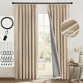 MIULEE 100% Blackout Curtains for Bedroom 84 Inch Long 2 Panels Set - Pinch Pleat/Back Tab/Clip Rings Black Out Linen Curtain for Living Room Darkening Triple Pleated Drapes with Hooks, Oatmeal