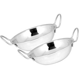 Kosma Set of 2 Stainless Steel Serving Balti Dishes -17cm | Metal Balti Bowl with Handle | Indian Serving Dish