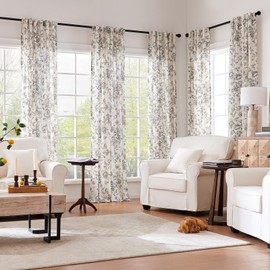 Topick Linen Floral Curtains for Living Room 84 Inch Curtains Black Printed Rod Pocket Cottage Core Back Tab Farmhouse Peony Patterned Drapes Bedroom Window Treatment 2 Panel Set