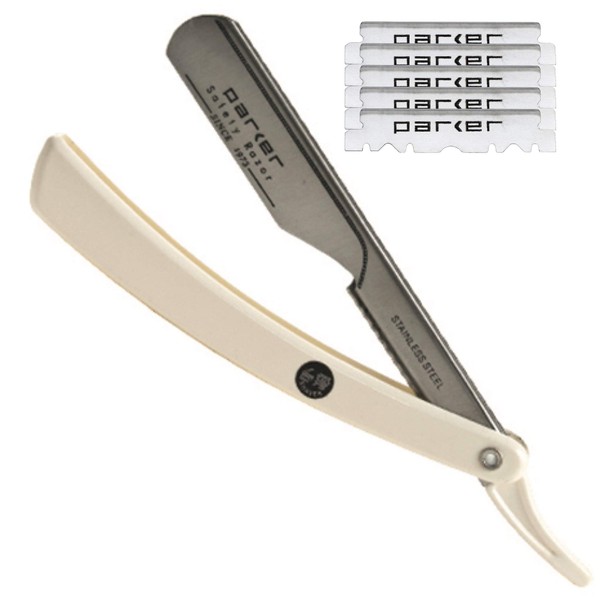 Parker PTW Push Type Blade Load Professional Straight Edge Barber/Shavette Razor with Stainless Steel Blade Arm and 5 Parker Premium Platinum Blades