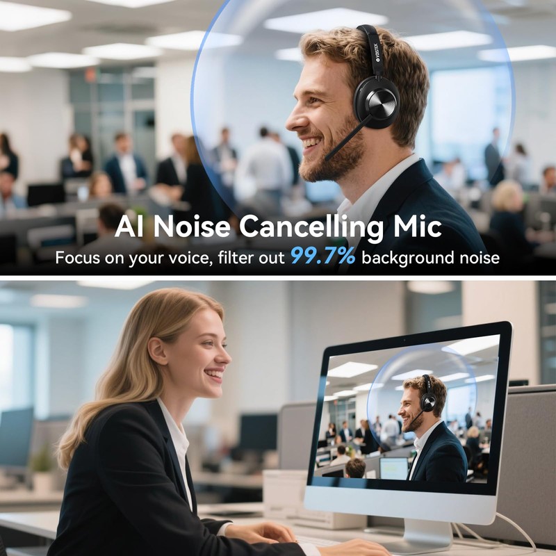 Wireless Headset with Mic for Work, Bluetooth Wireless Headset with