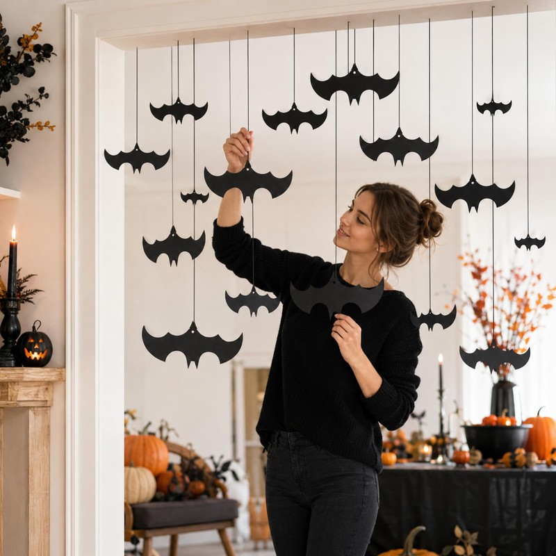Lzahuam 16 Pcs Halloween Hanging Bats Decorations, Halloween Paper Bat
