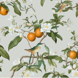 Beige Floral Wallpaper Peel and Stick, Orange/Green Bird Botanical Contact Paper 17.5in x 393.7in, Self Adhesive Waterproof Removable Vintage Wall Paper Mural for Shelves Cabinet Table Drawer Decor