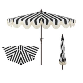 JONATHAN Y Half Umbrella UMB1201A Beverly 9 ft. Designer Classic Scalloped Fringe Market Patio with Crank, Push Button Tilt and UV Protection in Black/White