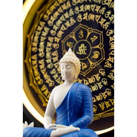 Houlu Blue Buddha Statue and Circle LED Table Lamp, Ceramic Buddha Statue for Home Décor