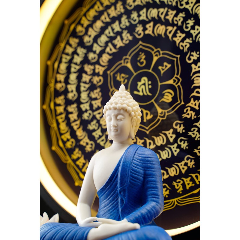 Houlu Blue Buddha Statue and Circle LED Table Lamp, Ceramic