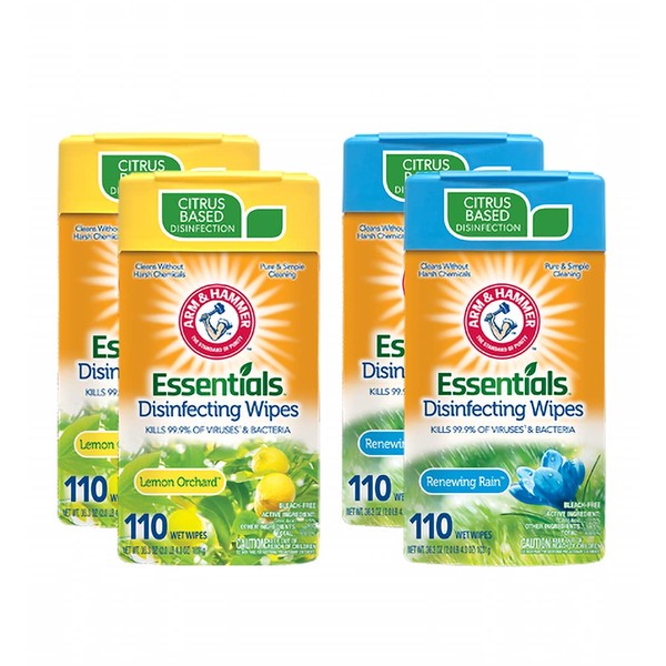 Arm & Hammer Essentials Disinfecting Wipes, Lemon Orchard and Renewing Rain Variety 110 Count (Pack of 4), Volcano