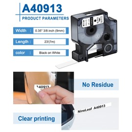 NineLeaf 6 Pack Replacement for Dymo D1 40913 S0720680 A40913 9 mm x 7 m 0.35 Inch Tapes Black on White Label Tape for LabelManager 160 210D 220P 120P 150 LabelPoint 100 150 200 250 Labelling Device