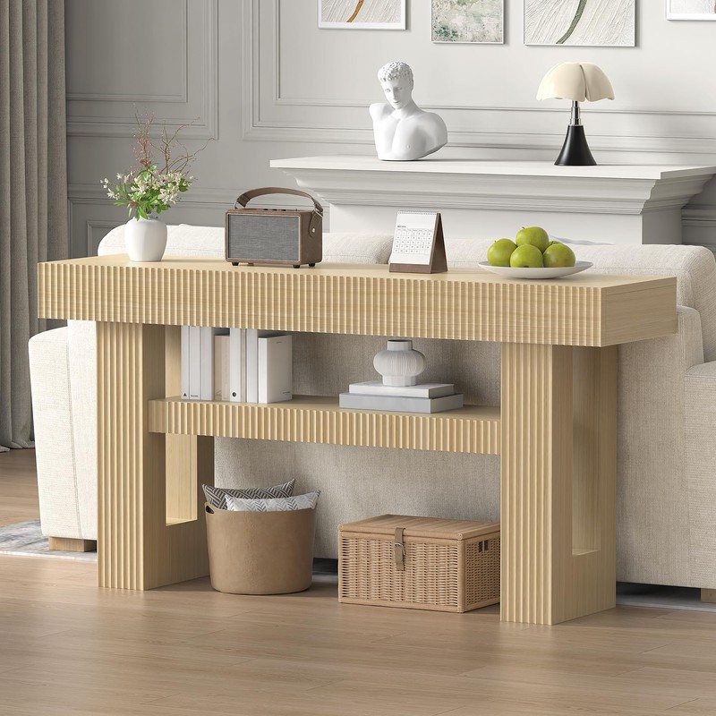 Bigbiglife 63" Fluted Console Table, Natural Oak
