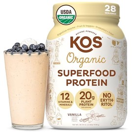KOS Vegan Protein Powder Erythritol Free, Vanilla USDA Organic - Pea Protein Blend, Plant Based Superfood Rich in Vitamins & Minerals - Keto, Dairy Fr