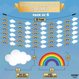 KatchOn, Hanging Rainbow Cloud Garland - 10 feet, Pack of 6, Pre-Assembled | Clouds and Hanging Rainbow Garland for Rainbow Party Decorations | Rainbow Decorations for Party | Rainbow Classroom Decor