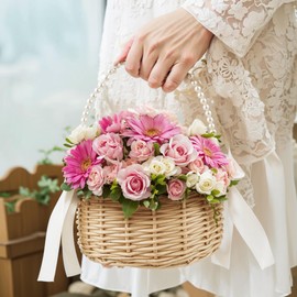 Lurenjia Elegant Wicker Rattan Flower Girl Basket with Pearl Handle, Bow, and Ribbon - Perfect for Wedding Decor and Flowers (White-1)
