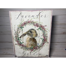 French Country Shabby Chic Spring Bunny Lavender Garden Sign - Retro Plaque Metal Iron Sign Wall Decor Art Sign for Garden Farmhouse Bathroom Home 12 x 8 Inch,de14aA62