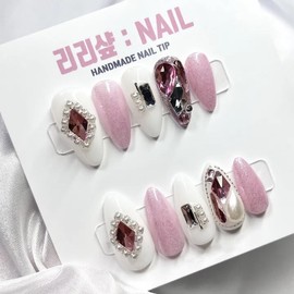 Pink diamond pearl full stone handmade nail tip - basic (pearl full stone) / 핑크 다이아 진주풀스톤 수제네일팁 - 기본 (진주 풀스톤)