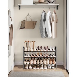 SONGMICS Expandable Shoe Rack, 3 Tier Shoe Rack Shelf, Adjustable Shoe Organizer Storage for 20 Pairs of Shoes, Metal Free Standing Shoe Racks for Closet, Front Door Entryway, Easy Assembly, Ink Black