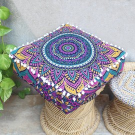 CRAFT KALA Large Hippie Mandala Meditation Floor Ottoman Pillow Cushion Pouf Cover Square Poufs Bohemian Circle Floor Cushion Case Outdoor Fireplace Yoga Living Room Decor Cover New Pink, 16" Square