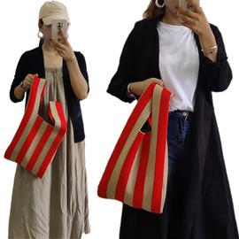 Anopo Knitted Handbag for Women Small Crochet Bag Checked Striped Parttern Boho Woven Handbag Shopper, Striped Red Khaki