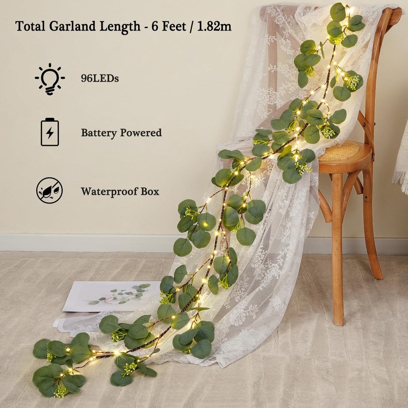 Waipfaru Christmas Decoration Indoor - 6FT Eucalyptus Garland with Timer,