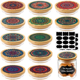 Yaomiao 12 Pieces Yogurt Jar Lids Set, Reusable Bamboo Mandala Pattern Lids with Silicone Sealing Rings and 24 Pcs Yogurt Bottle Label Covers Compatible with Cookie Coffee Spice