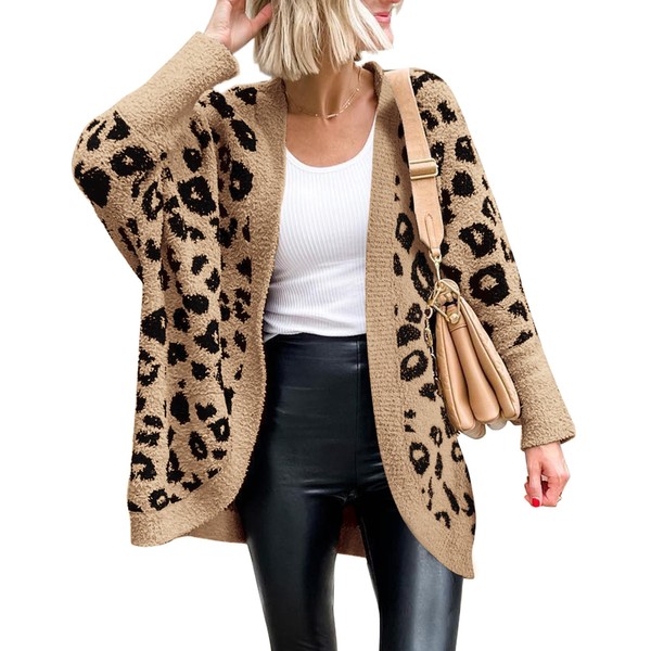 BTFBM Women Fashion Leopard Print Long Sleeve Sweater Cardigan Loose