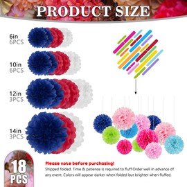 Tissue Paper Pom Poms, Red White Blue Tissue Paper Flowers, Hanging Flower Balls for Independence Day Parties Birthday Fourth of July Classroom Decoration (18Piece Set-6/10/12/14Inch)