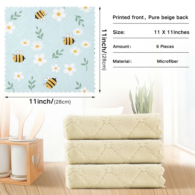 Mnsruu Cute Bee Daisy Floral 6 Pack Dish Towels, Kitchen
