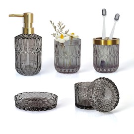 LaMarriti Gray Bathroom Accessories Set, 5Pcs Glass Bathroom Accessories, Soap Dispenser, Soap Dish, Toothbrush Holder Set, Cotton Swab Jar, Elegant Gold Accent for Bath Countertop, Vintage Decor