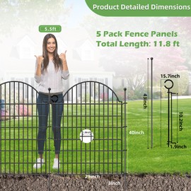 5 Panels Decorative Garden Fencing with Gate for Yard, 40in (H) x 11.8ft (L) No Dig Animal Barrier Fence, Rustproof Metal Wire Outdoor Dog Fences Panel Border with Temporary Ground Stakes