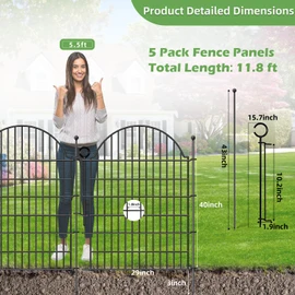 5 Panels Decorative Garden Fencing with Gate for Yard, 40in (H) x 11.8ft (L) No Dig Animal Barrier Fence, Rustproof Metal Wire Outdoor Dog Fences Panel Border with Temporary Ground Stakes