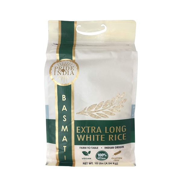 Pride Of India - Extra Long Indian Premium White Basmati Rice, 10 Pound (4.54 Kilo) Reclosable Bag - Naturally Aromatic, Aged, Flavorful, Slender, Non Sticky Grains - Great Value for Money