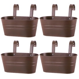 Hicarer 4 Pcs Metal Hanging Flower Pots, 10.6 Inch Fence Hanging Planters for Outdoor Window Balcony Plants Holder with Hooks for Garden Yard Home Decor (Chocolate)