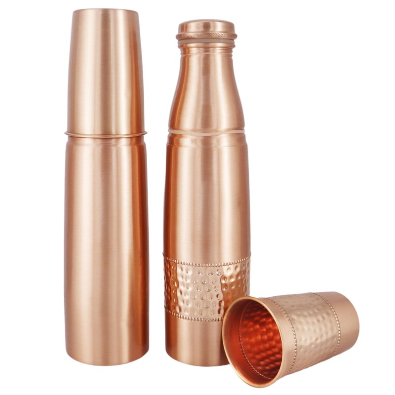 Set of 2 Copper Water Bottles With Copper Tumblers For