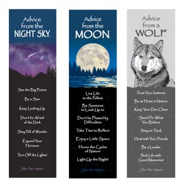 Your True Nature Advice 3 Bookmark Night Set, Laminated with Glossy Finish, Printed on Recycled Paper, Wolf, Moon, Dark Sky (AMBM-Night)