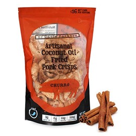 Keto-Friendly Churro Pork Rinds (Cinnamon Churro, 8oz Bag); Pork Crisps Fried in Coconut Oil, Zero Carb Snack