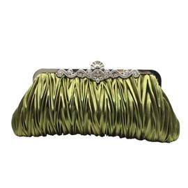 Tngan Women Pleated Satin Clutch Bride Purse Elegant Rhinestone Evening Bag Banquet Party Handbag, Army Green, Large