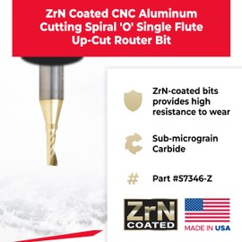Amana Tool 57346-Z SC Spiral O Single Flute Improved Surface Finish Aluminum Cutting 1/8 D x 5/16 CH x 1/4 SHK x 1-1/2 Inch Long Up-Cut ZrN Coated Router Bit withMirror Finish