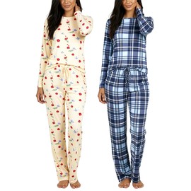 Real Essentials 2 Pack: Women's Comfy Pajama Sets - Short & Long Sleeve Ladies Loungewear Sleepwear PJs (Available In Plus)(Set J Navy & Beige, XX-Large)