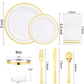 GATHER 700PCS Gold Plastic Plates - Whtie and Gold Plastic Dinnerware Sets 100Guest - 200 Gold Disposable Plates, 300 Gold Plastic Silverware, 100 Cups, 100 Napkins for Wedding & Party & Thanksgiving