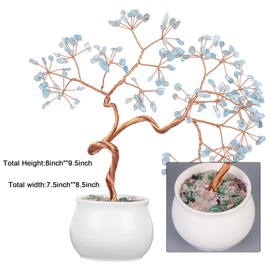 Amogeeli Healing Aquamarine Crystal Copper Money Tree with Ceramic Pot, Handmade Stone Bonsai Luck Tree for Fengshui Home Desk Decor