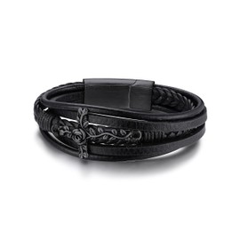 KeyStyle Men's Black Rose Cross Braided Leather, Stainless Steel Cuff Bangle Bracelet Wristband Punk Jewelry for Rapper, 8.3 Inches