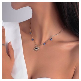 Inilbran Boho Rhinestone Evil Eye Choker Necklace Gold Rhinestone Evil Eye Necklace Vintage Cz Evil Eye Necklace Choker Blue Eye Necklace Chain Protection Jewelry for Women and Girls