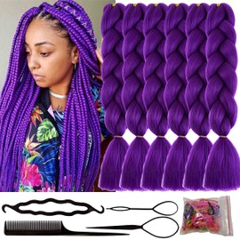 FYRLNA 6 Packs 24 Inch Jumbo Braiding Hair Soft High Temperature Resistance Synthetic Hair Extensions for Women 24 Inch Ombre Jumbo Braiding Hair Twist Crochet Braids Hair (24 Inch (Pack of 6), Dark Purple)