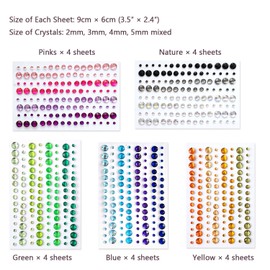 2800PCS 25 Sheets Self-Adhesive Jewel Stickers Rhinestones Jewels Rhinestone Stickers DIY Gem Rhinestone Multi Color Gemstone Embellishments Assorted for Makeup, Festival, Crafts & Embellishments